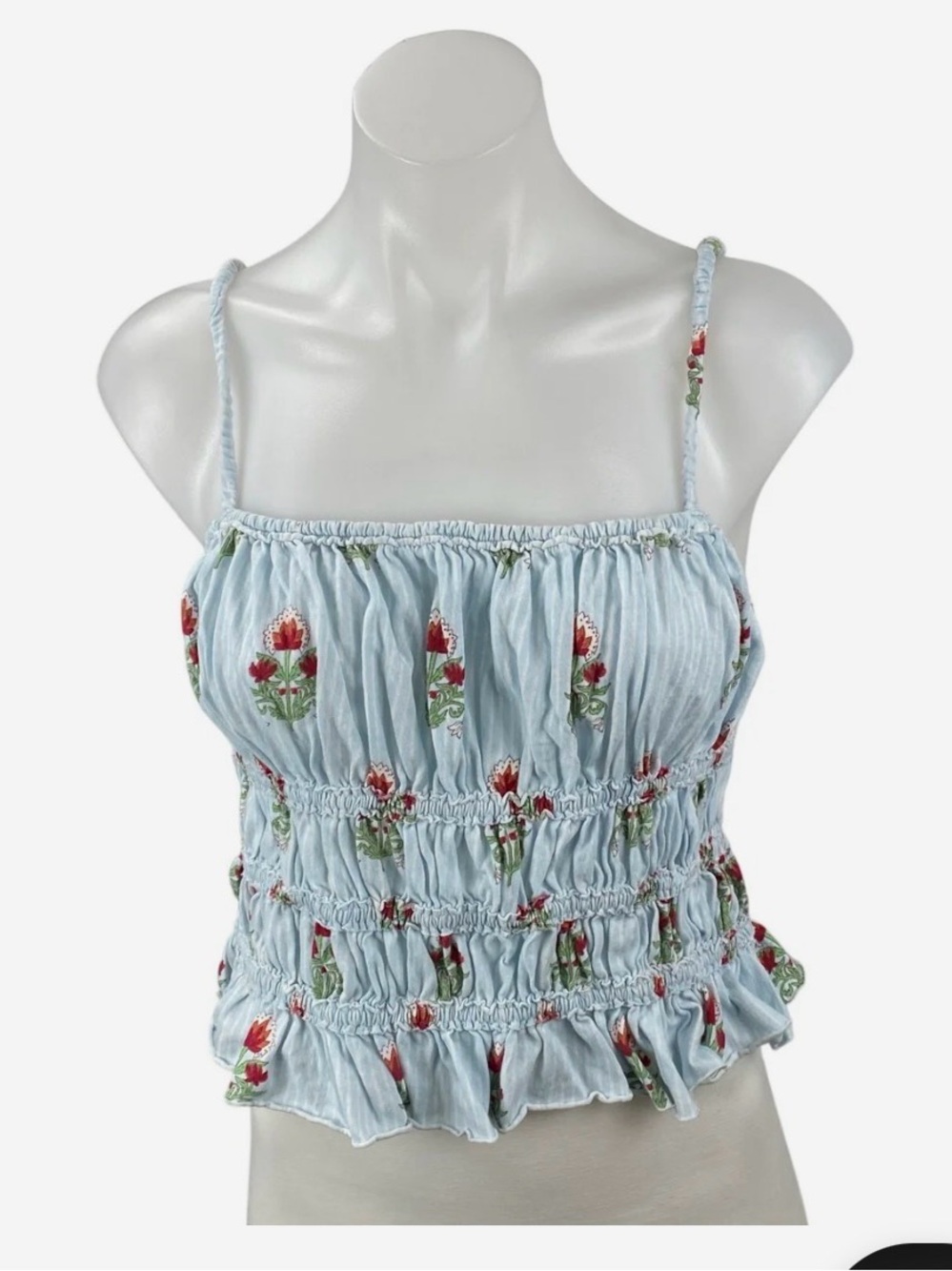 100% cotton We The Free Light Blue Smocked Floral Cami with Red Embroidery